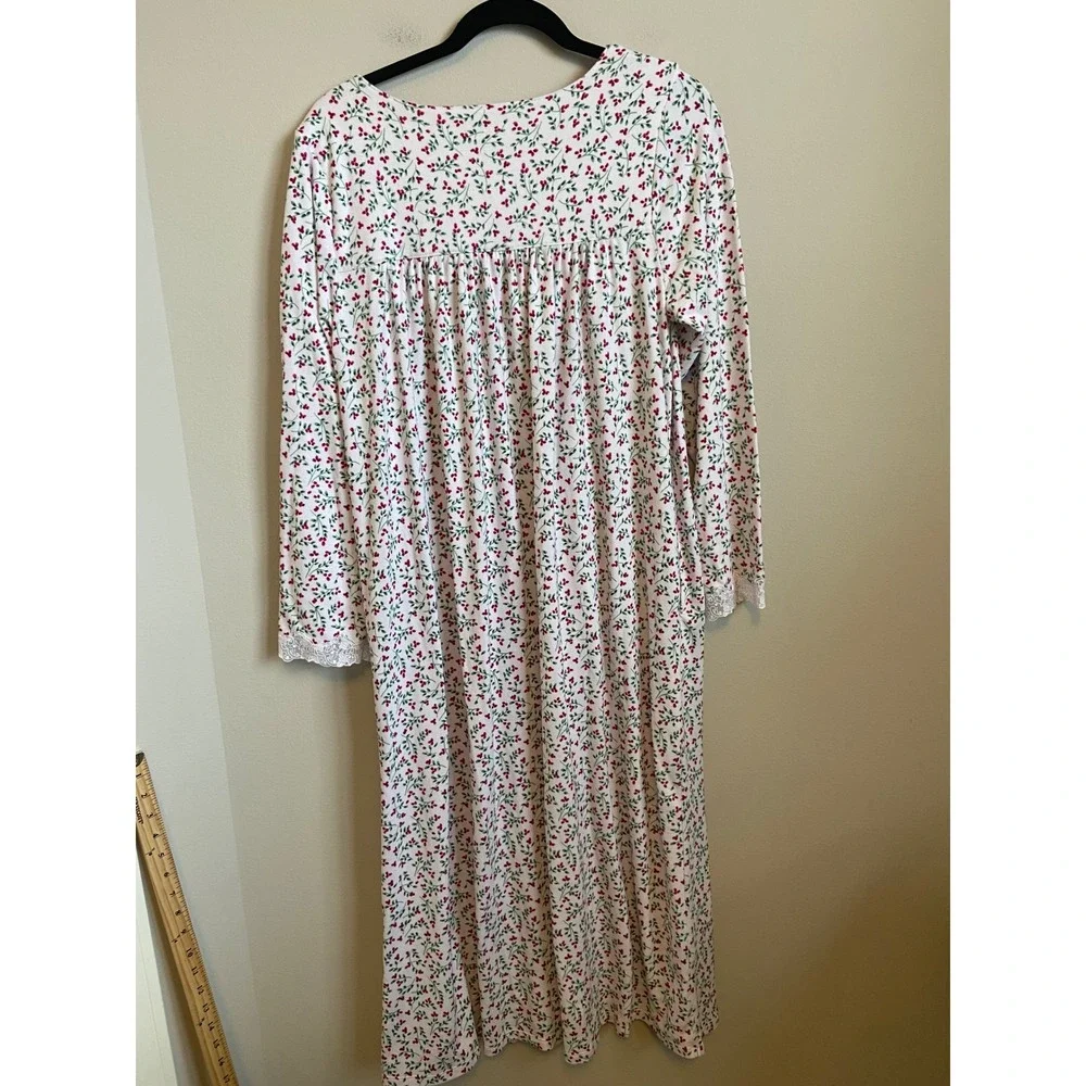 Eileen West Floral Berry Lace Trim‎ Long Sleeve Nightgown White Red Medium